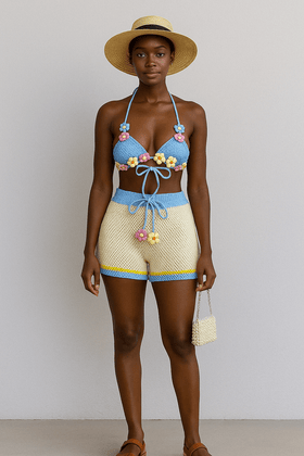 Knitted Suit With Strapless Top High Waist shorts - Women clothing