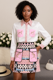 Printed Loose Long-sleeved Shirt + High-waisted Skirt Two-piece Women Clothing Set