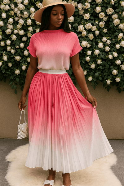 Short sleeved round neck top with high waisted pleated skirt in pink ombre, stylish two-piece women's outfit.
