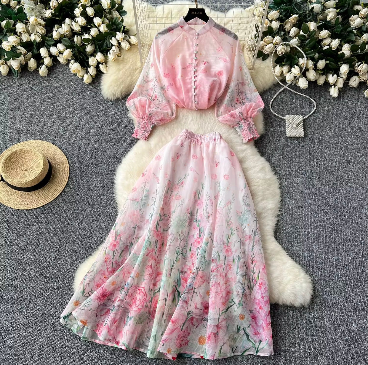 Pink floral two piece - women clothing